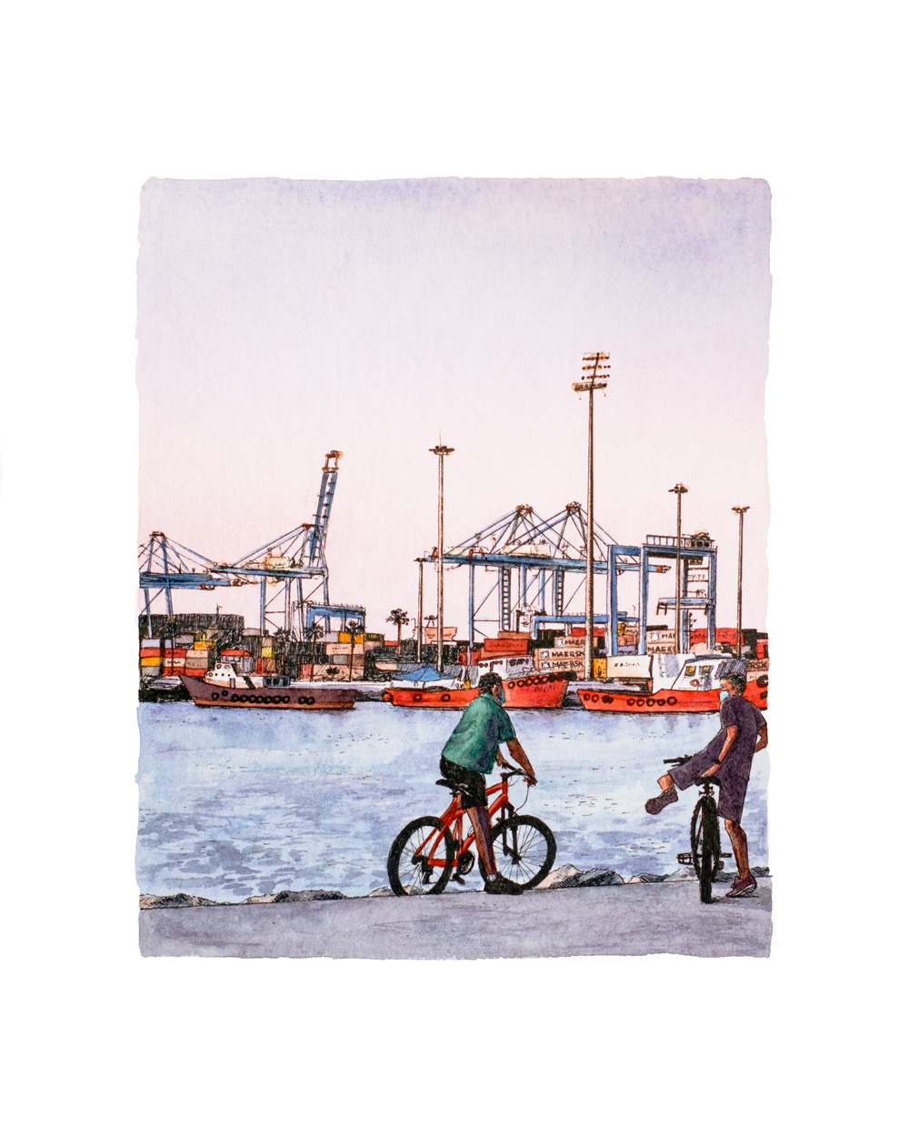 Illustration of two boys in the city port of Algeciras