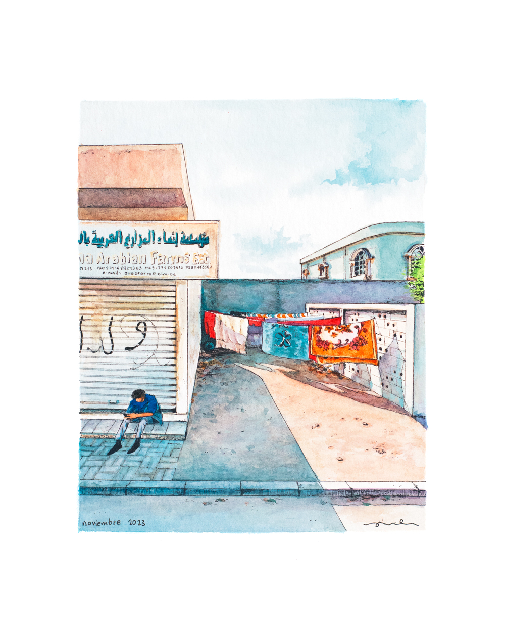 Illustration of a man sitting with some carpets hanging in the sun