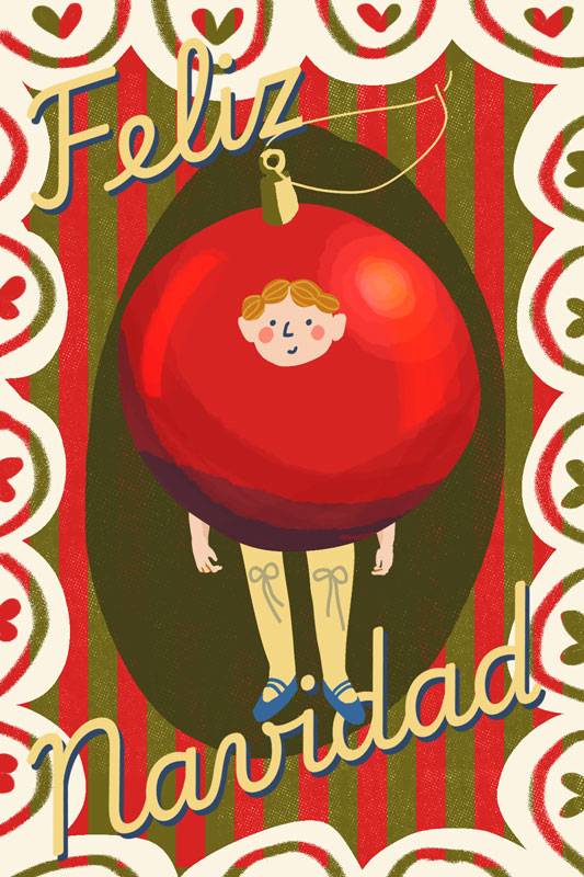 Christmas postcard featuring a boy dressed up as a christmas ornament.