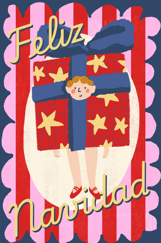 Christmas postcard featuring a boy dressed up as a christmas gift.