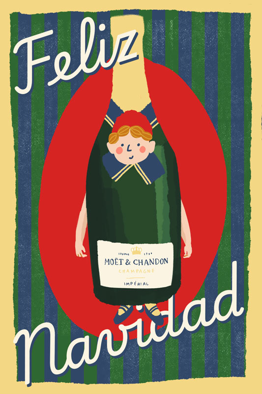 Christmas postcard featuring a boy dressed up as a champagne bottle.