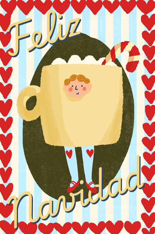 Christmas postcard featuring a boy dressed up as a mug.