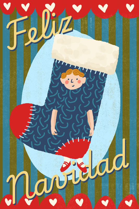 Christmas postcard featuring a boy dressed up as a christmas stocking.