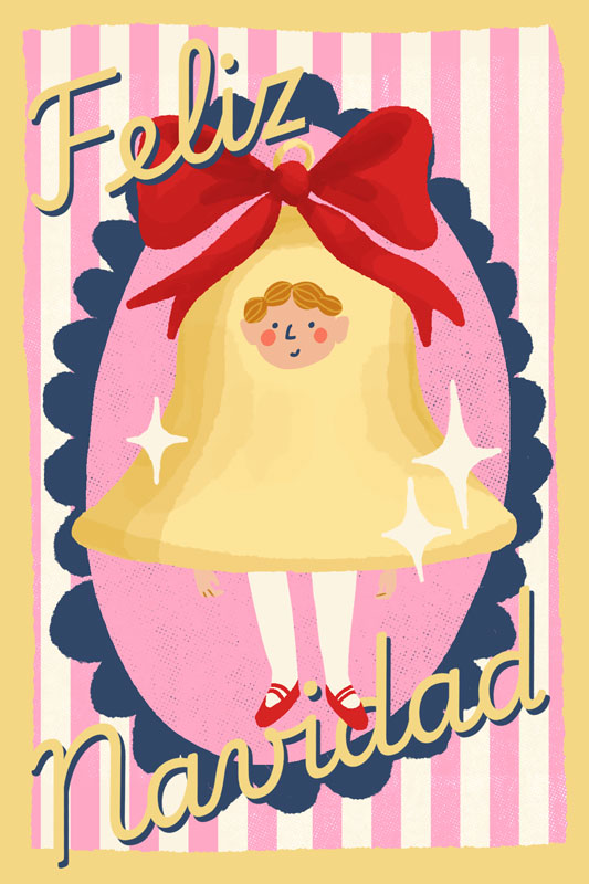 Christmas postcard featuring a boy dressed up as a christmas bell.